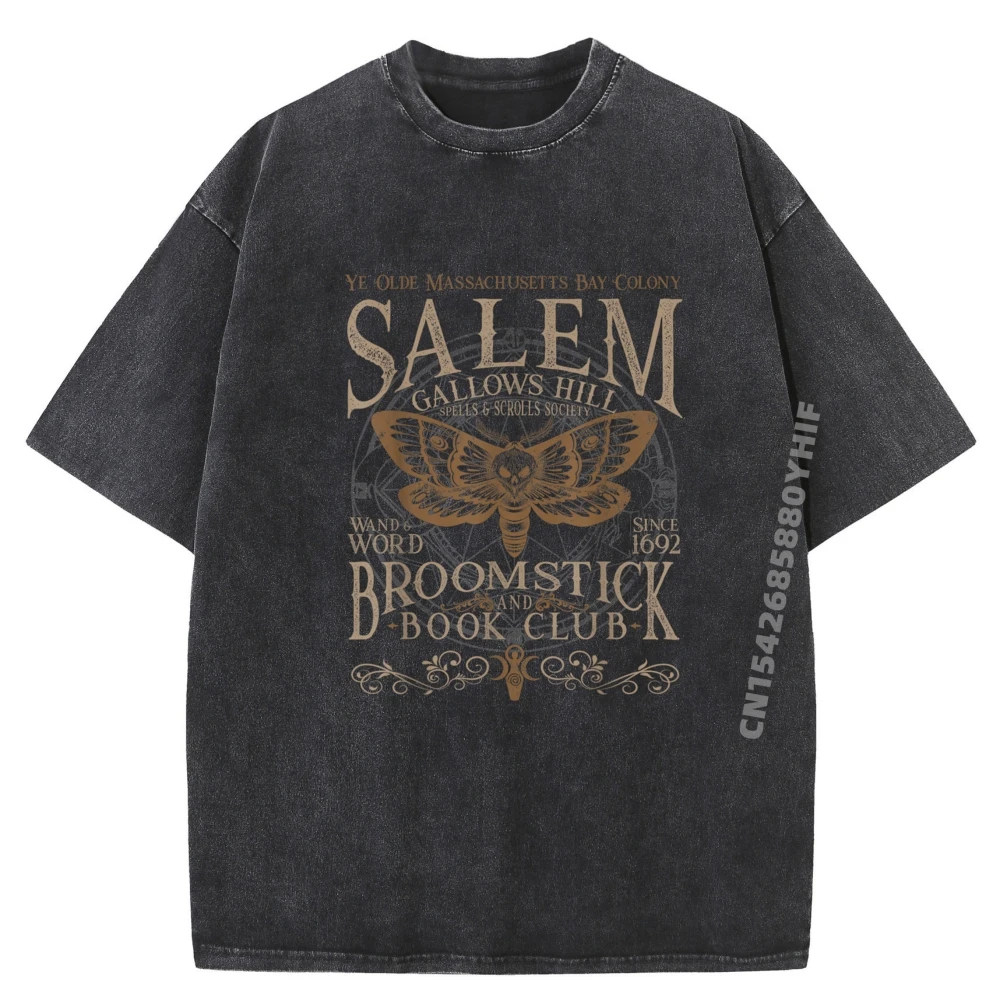 

Ye Olds Massachusetts Bay Colony Salem Gallows Hill Spells Scrolls Socienty Broomstick Book Club Washed Shirt Men Printed Tshirt