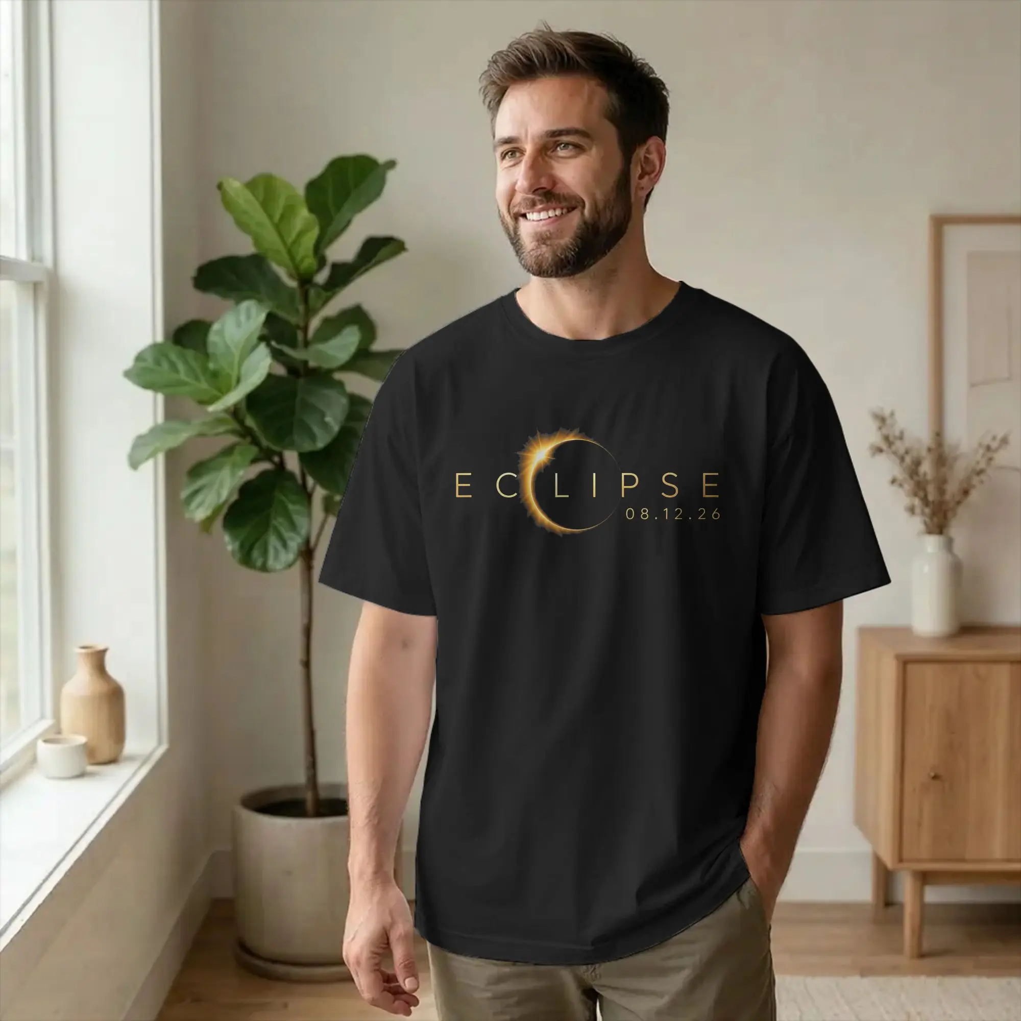 Men T-Shirt Spain Total Solar Eclipse 2026 Crazy Cotton Tee Shirt Short Sleeve Astronomy T Shirts Crewneck Clothes Original