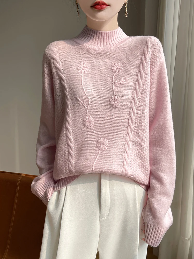 2024 Autumn/Winter New 100% Merino Women's Half High Neck Thick Wool Knitted Base Sweater