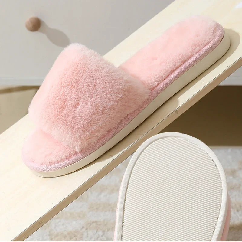 Women's Winter Open Toe House Slippers Fluffy Faux Fur Cross Strap Plush Slides Woman Solid Color Cozy Non Slip Indoor Slippers image 3