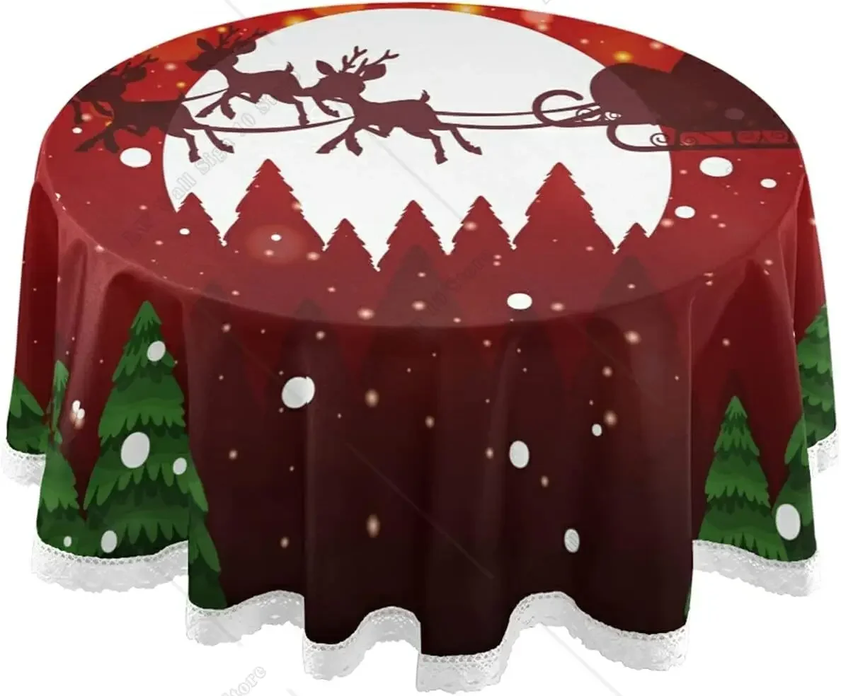 Christmas Santa Sleigh Deer Round Tablecloth Xmas Table Cloth with Lace 60 In Dining Decorative for Holiday Party Wedding Picnic