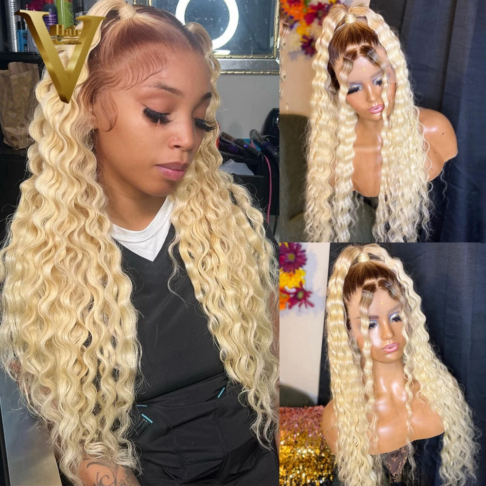 

4T613 Deep Wave HD Lace Front Remy Human Hair Wig Preplucked Ombre Honey Blonde Colored Glueless Straight 13X4 Frontal Wigs