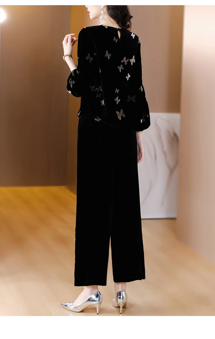 2023 Autumn and Winter New Black Silk Butterfly Print Long Sleeve Top Two Piece Set for Women\'s O-Neck Loose Large Pants Set