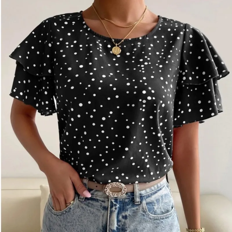 

2025 Women's Shirts New Fashion Printing Short Ruffle Sleeve And Round Neck Blouses Casual Loose Vintage Female's Tops Summer