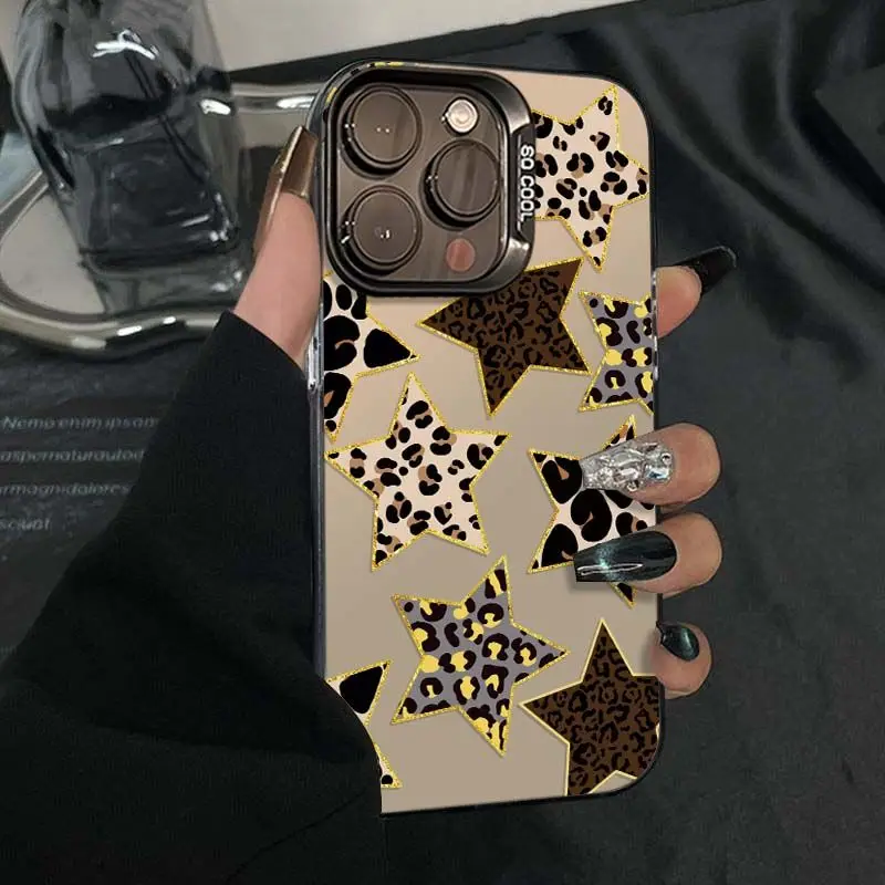 

Leopard print five-pointed star phone case for iPhone 16 15 14 13 12 11 Pro/ Max/Plus shock-proof rear cover anti-fingerprint