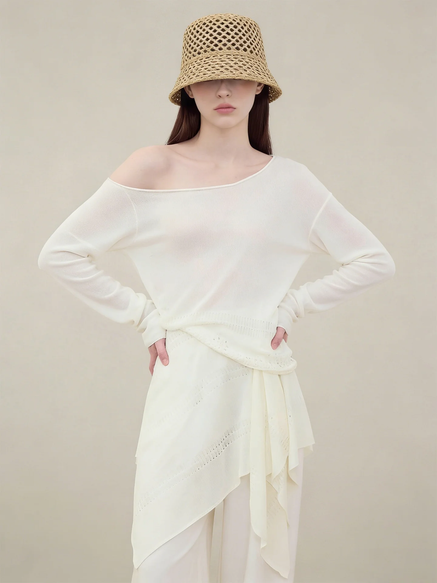 

White Hollow out Slant Shoulder Knitted Sweater And Pants Set Spring Fashion Casual Style High Waist Long Pants Two Piece Set