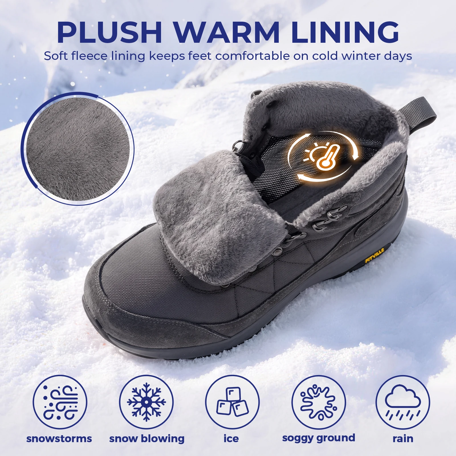 Botas de senderismo de invierno para hombre FitVille, con puntera ancha, botas de nieve, resistentes al agua, forradas con forro polar, calzado informal para senderismo, diseñadas para aliviar el dolor de pies.
