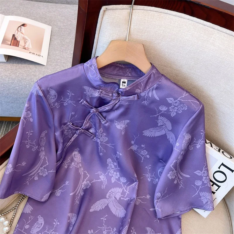 Vintage Chinese Style Women\'s Blouse Plate Button Faux Silk Purple Shirt Short Sleeve Five-Quarter Sleeve Tops Women\'s Clothing