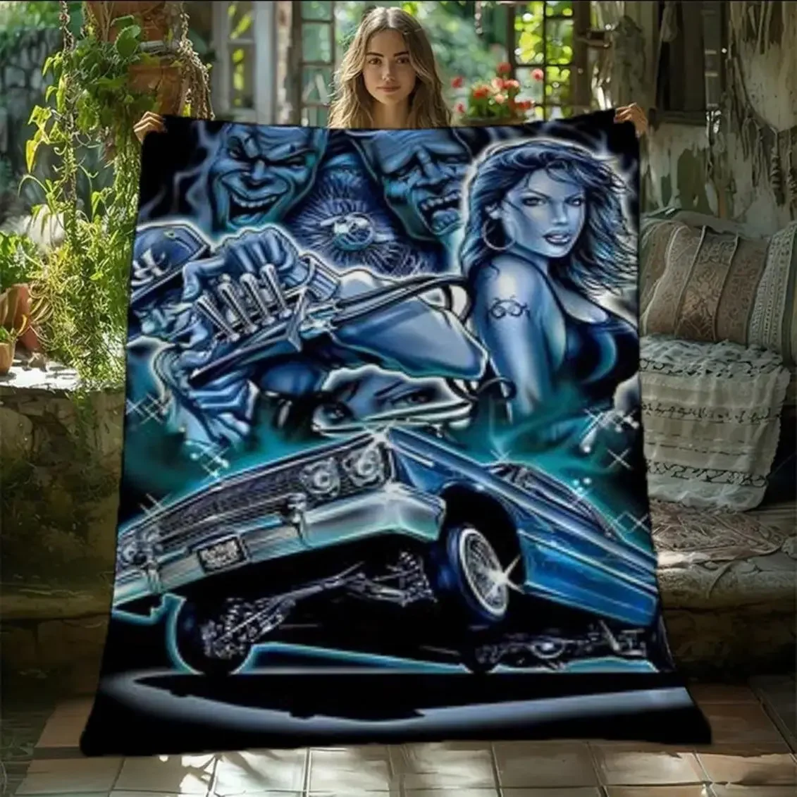 Customize Chicano Culture Low-Profile Car Illustration Blanket - Cozy Throw - Soft, Warm, All-Season Blanket Suitable for Sofa,