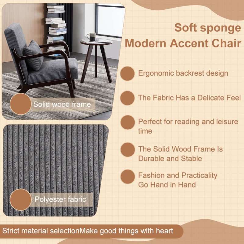 Dark Gray Antique Leisure Chair Walnut Tone Coffee Table Mid Century Modern Style Vintage Accent Set