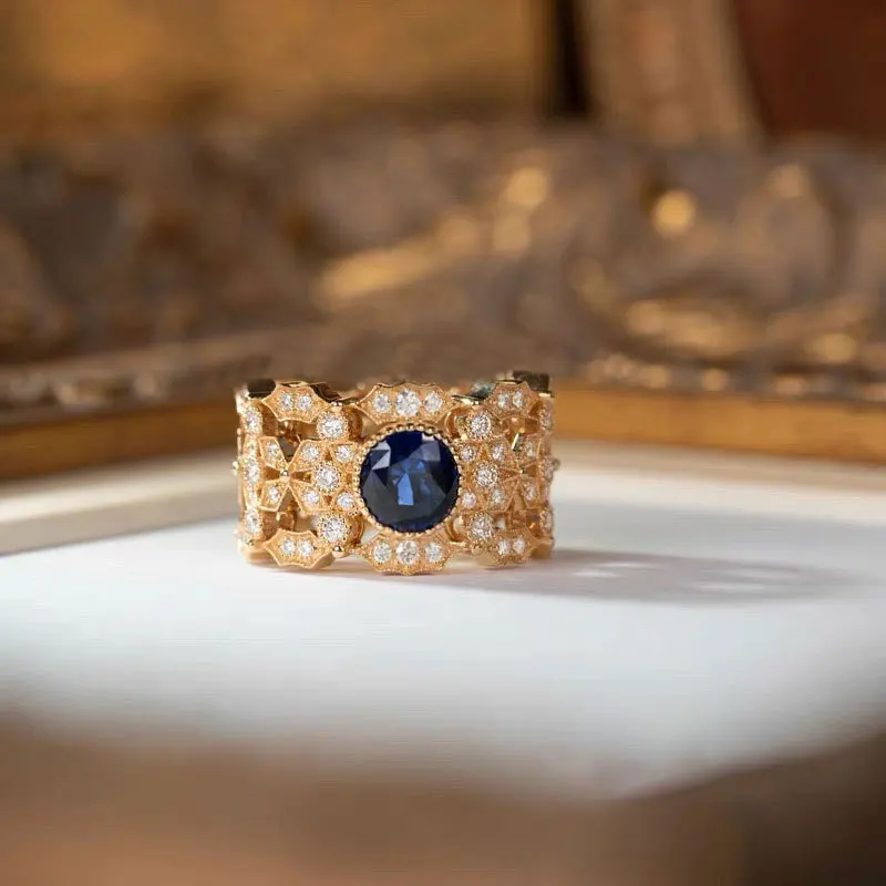 Victorian Vintage Gold Plated Craft Blue Round Cocktail Rings image 4