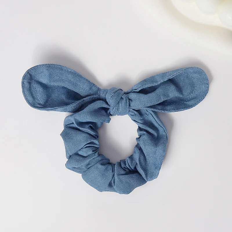 

Temperament Denim Blue Fabric Large Scrunchie Hair Band Cute Bunny Ears Bow Hair Tie Girl's High Ponytail Elastic Hair Rope