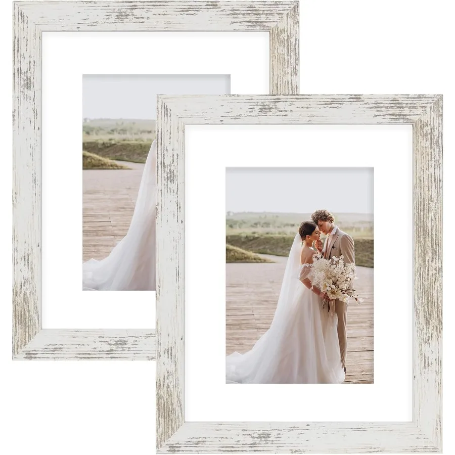 

8x10 Picture Frame Set of 2 Made of Real Glass and Distressed White Wooden Frame Display Picture 5x7 with Mat or 8x10 Without M