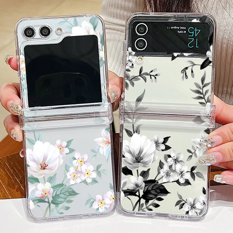 Klare, stoßfeste Handyhülle für Samsung Galaxy Z Flip 7, FE 6, 5, 4, 3, Blumenmuster, faltbar, harte Abdeckung für Samsung Z Flip5, Flip4