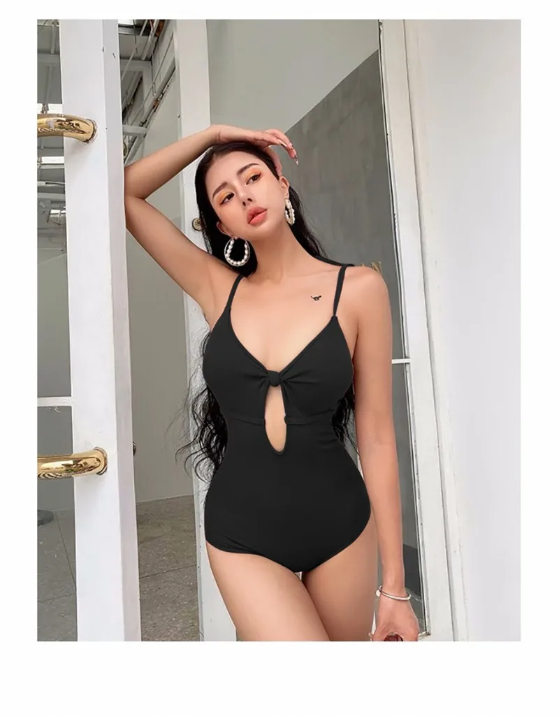 sexy Korean fashion vintage swimsuit one piece tie knot bikinis bodysuit black and coffee padded swimwear biquini bathing suit