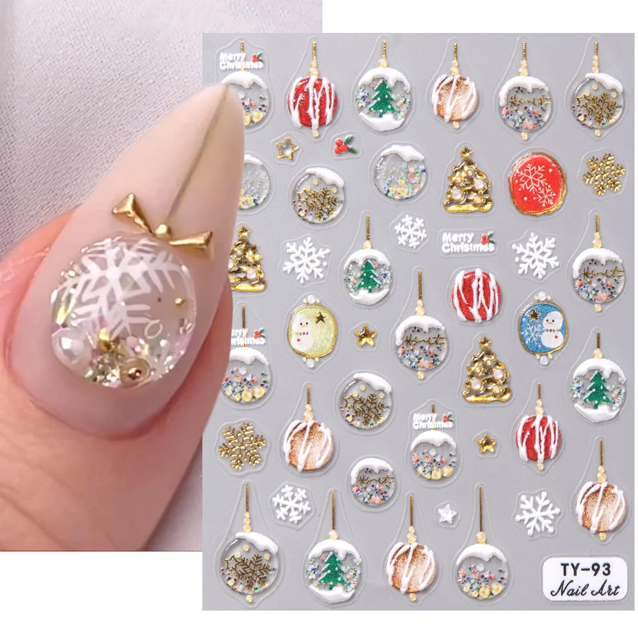 Adesivi per unghie di natale 5D Bronzing Crystal Ball Snowflake Cartoon babbo natale albero di natale cervo pupazzo di neve Manicure invernale fai