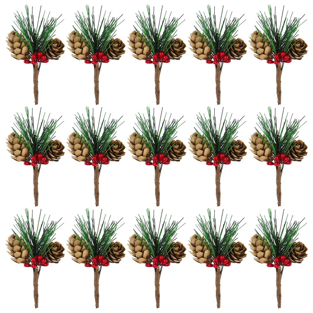 30 Pcs Artificial Pine Cone Picks and Red Berry Mini Artificial Pine Tree for Christmas Party Flower Wreaths Decorations