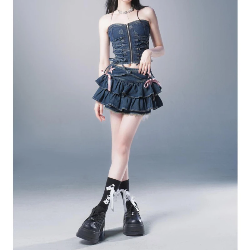 Deeptown Korean Sweet Denim Mini Skirt Women Ruffle Kawaii Bow Coquette Skirt Vintage Summer Cutecore Black A-line Short Skirts