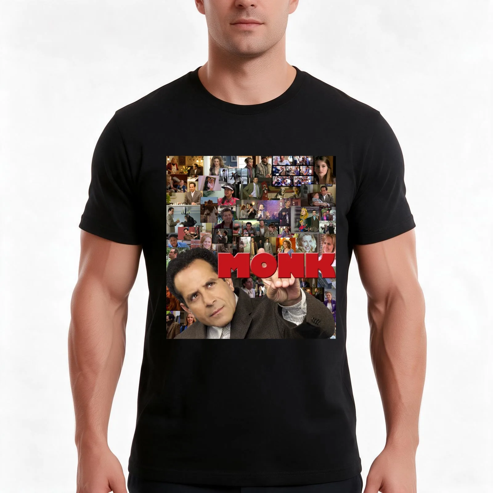 Adrian Monk Collage T-Shirt, Summer Casual Cotton Tee, Oversized Streetwear Tops, Vintage Graphic Print, Loose Fit Short Sleeve