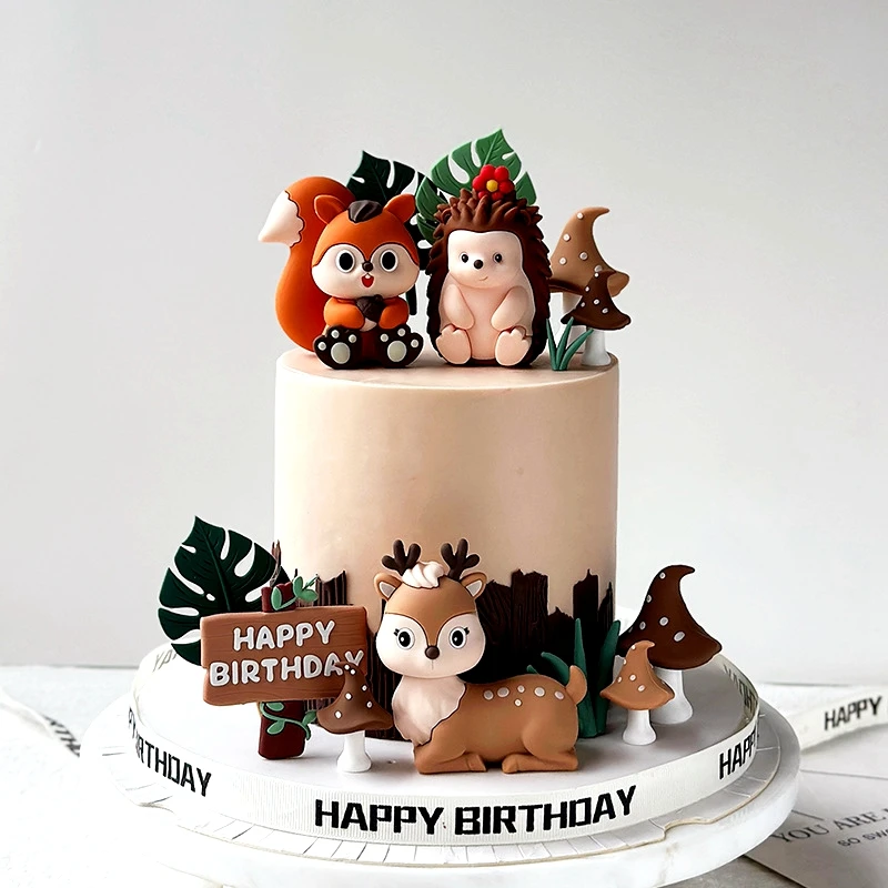 Woodland Cake Topper Hedgehog Squirrel Deer Animal Forest Jungle Party Happy Birthday Party Decor Kid 1st Baby Shower Cake Decor
