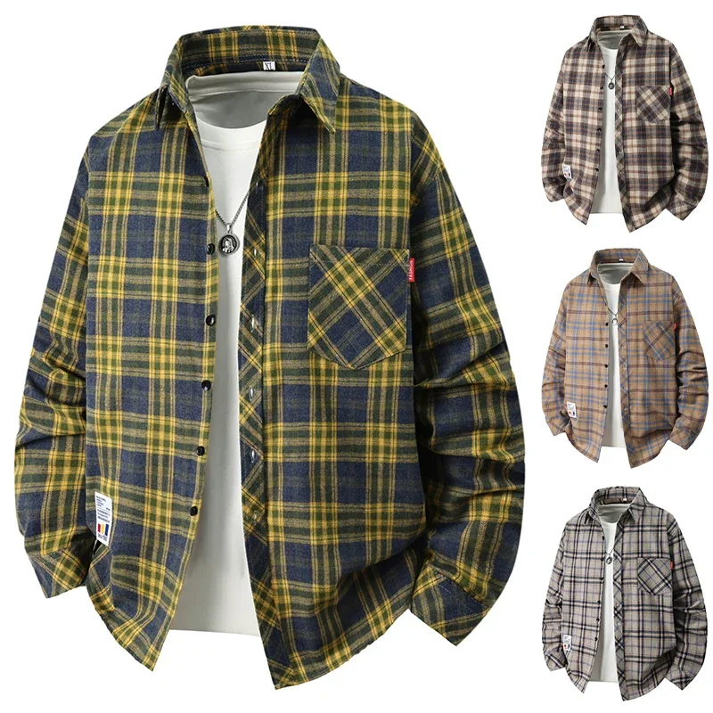 Layer Wear Checkered Shirt Male Lapel Button Closure Pocket Detail Comfortable Loose Long Sleeve Casual Overshirt