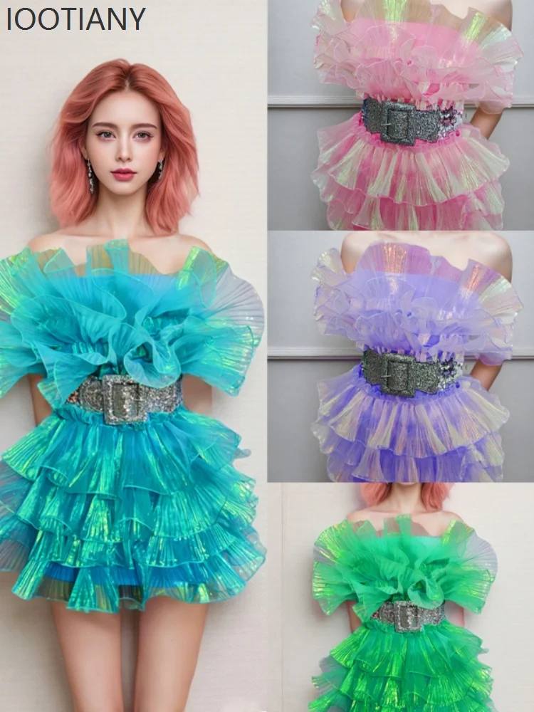 

Sexy Fluffy Off-shoulder Short Dress With Belt For Nightclub Birthday Wedding Banquet Evening Party Singer Dance Stage Costume