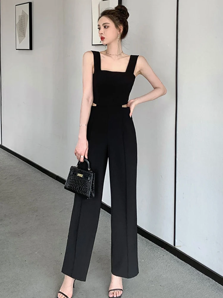 Y2K Fashion Elegant Women Jumpsuits Chic Black Hollow Sexy Strap Backless Party Beach Femme Mujer Wide Leg Loose Rompers Summer