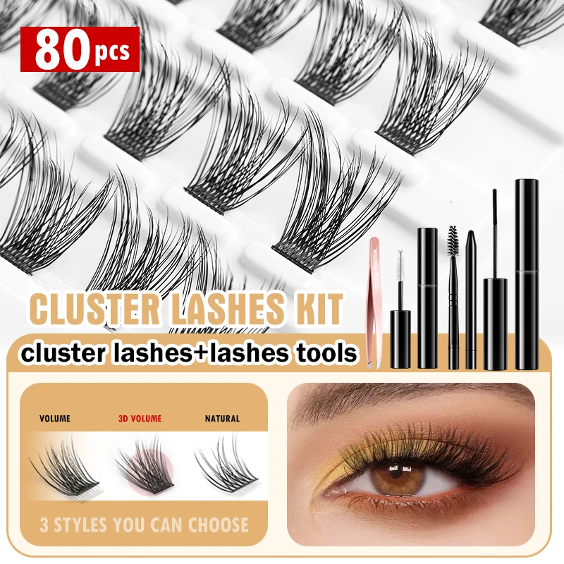 EASITENSION 80 Clusters Eyelash Extension Kit 3 Styles Lash Clusters With Black Lash Glue Adhesive Clear Raincoat Faux Mink Cils