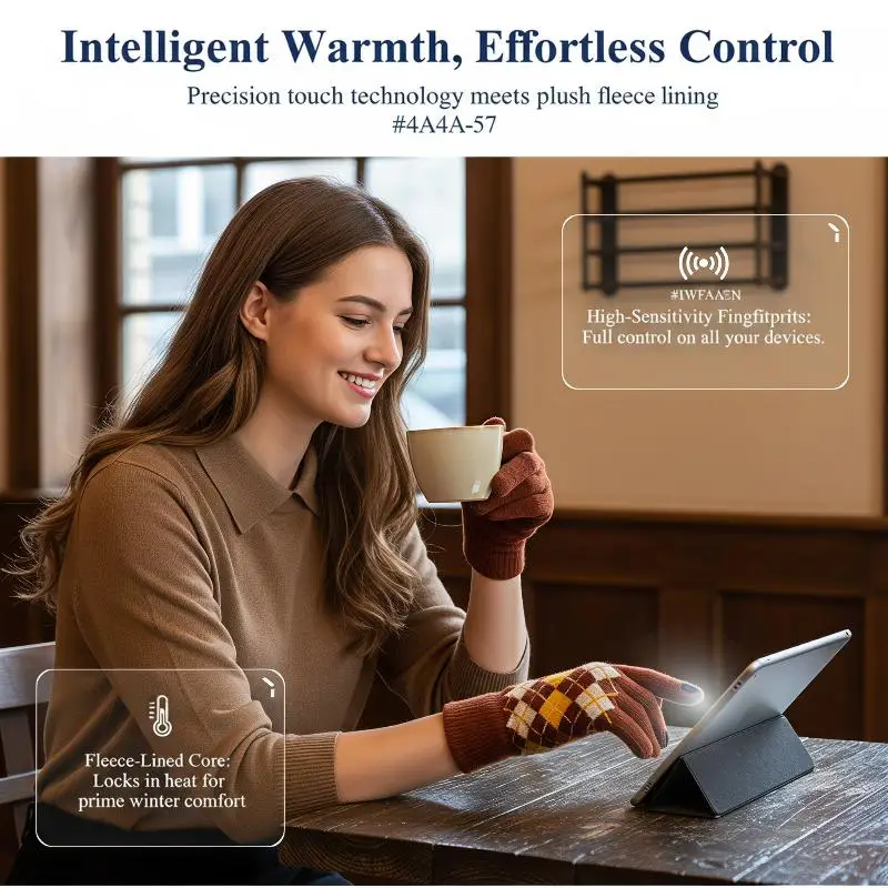 1 Paar Touchscreen-Handschuhe mit dickem Karomuster, Winterhandschuhe für Erwachsene, Männer und Frauen, Studenten, mit geteilten Fingern, zum Warmhalten beim Reiten, niedliches Paar – Detail 4