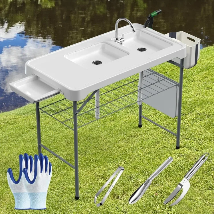 Fish Cleaning Table with Sink 42.6" Width Portable Folding Camping Table with Measure Mark|Outdoor Fish Cleaning Station