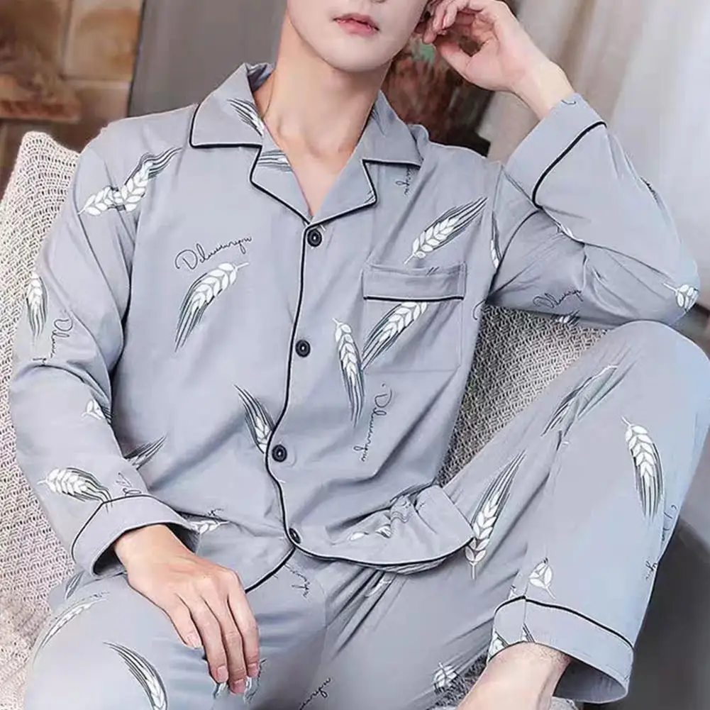 Conjunto de pijama de manga larga con cuello de solapa para hombre, conjunto de pantalones con estampado de secado rápido, cómodo y elegante para la familia, primavera y otoño