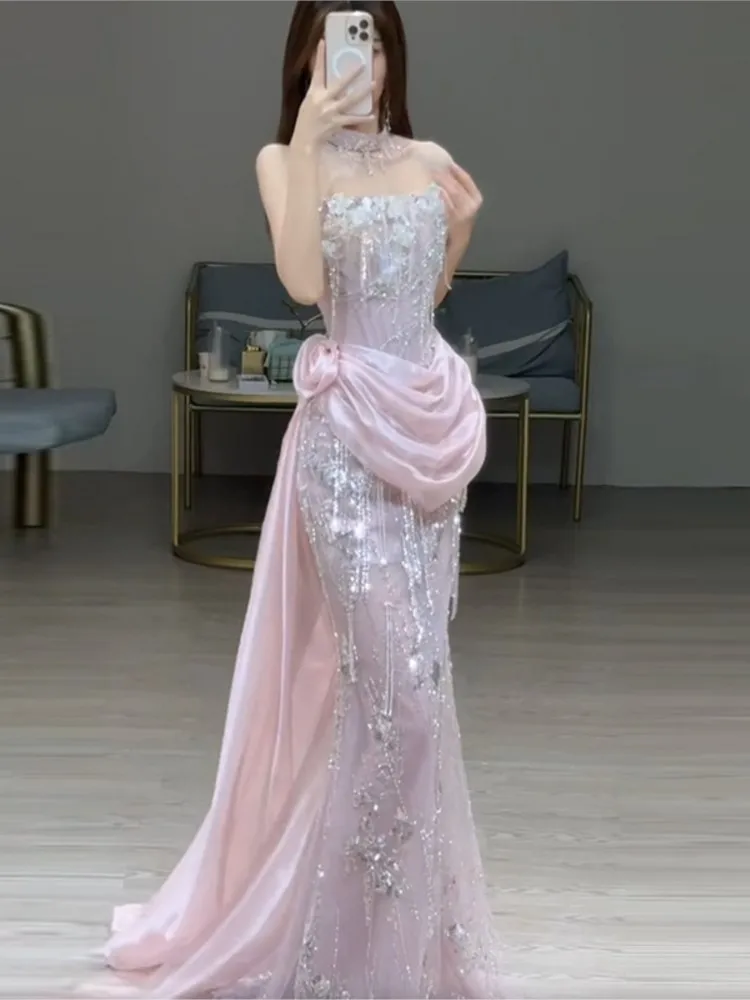

New pink strapless fishtail evening dress for hosts and banquet dresses