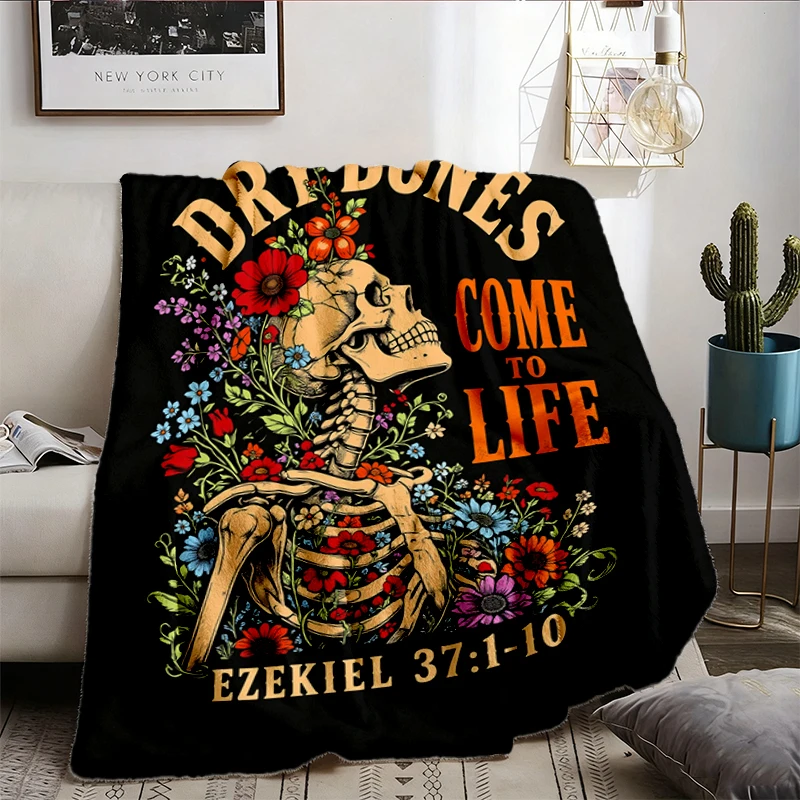 Dry Bones Come to Life Flannel Blanket, Christian Bible Verse Throw, Floral Skeleton Gift