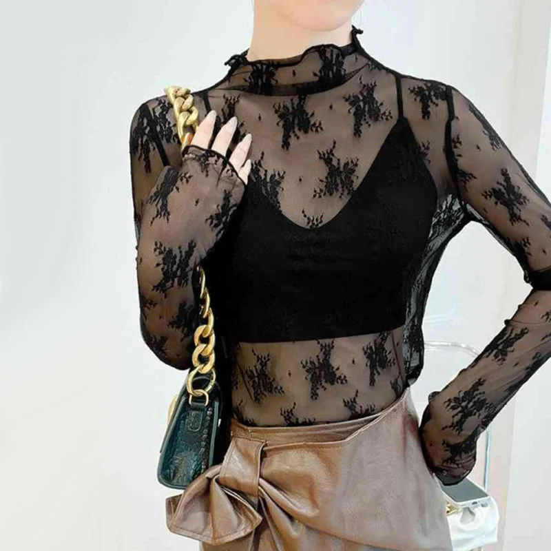 تي شيرت نسائي مثير بشبكة مفرغة تي شيرت نسائي شفاف بأكمام طويلة بلوفرات ذات ياقة مدورة بلون سادة تي شيرت نسائي شفاف