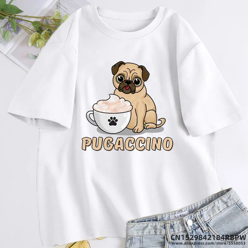 Pugaccino Cute Pug with Cappuccino T Shirt Women Summer Cotton Short Sleeve Tee Shirt Oversized Woman Clothing Woman\'s T Shirts