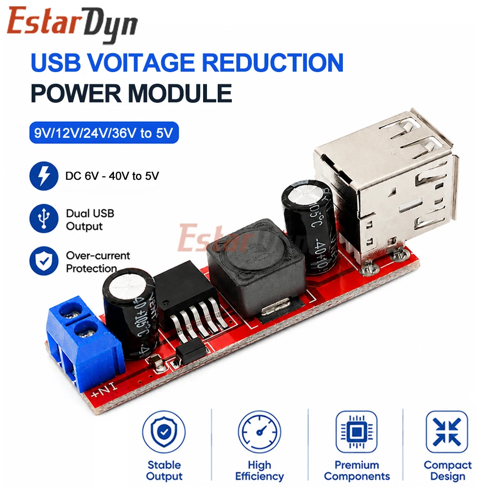 Estardyn LM2596 DC-DC 6V-40V to 5V 3A Dual USB Step Down Buck Converter Car Charging Module for Solar Panel Boat DIY
