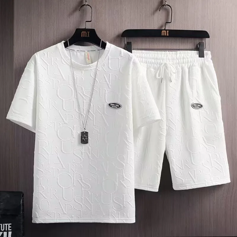 

Trendy White Casual Suit Men's Fashionable Two Piece Set Korea Summer Simple Style Fitting Short Sleeve Business Attire