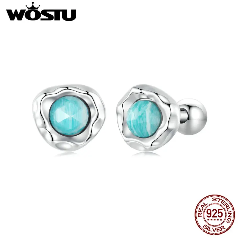 WOSTU Original 925 Sterling Silver Simple Amazonite Stud Earrings Plated White Gold For Women Birthday Party Gift Fine Jewelry