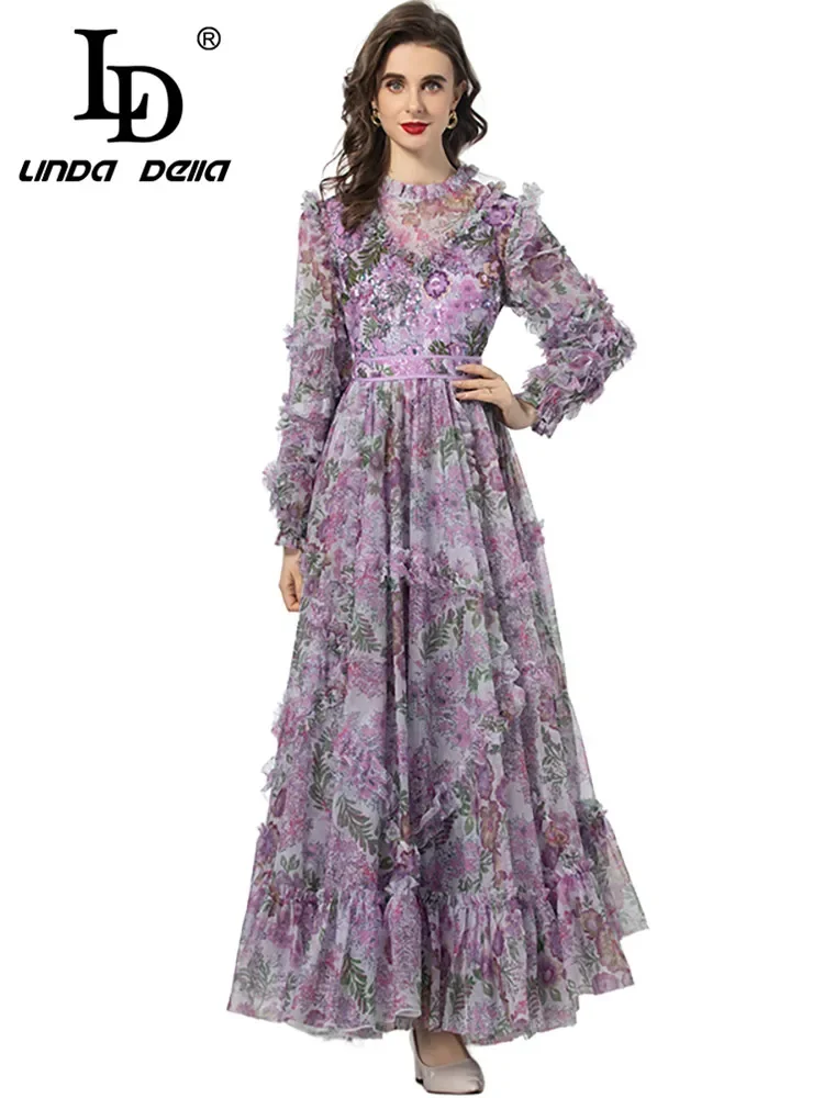 LD LINDA DELLA Fashion Designer Summer Dress Women Bohemian Floral Print Sequins Net Yarn Embroidery Ruffles Temperament Dresses