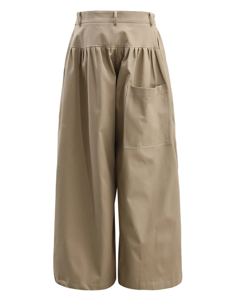 [EAM] High Elastic Waist Khaki Pleated Long Wide Leg Casual Pants New Trousers Women Fashion Tide Spring Autumn 2024 CPG1480