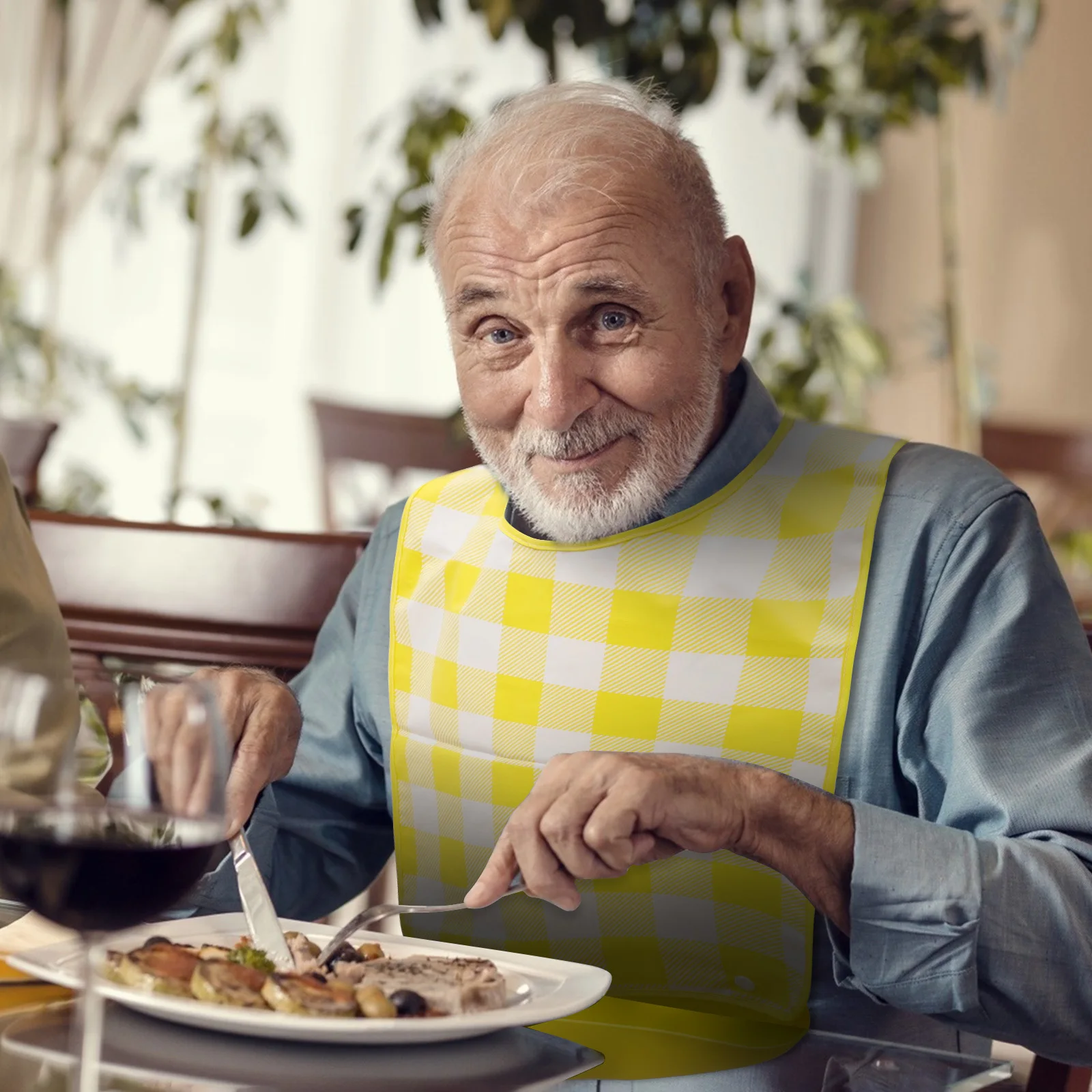 

Large Adult Bib Waterproof Reusable Eating Apron with Detachable Crumb Catcher for Elderly and Adults Vibrant Checked Design