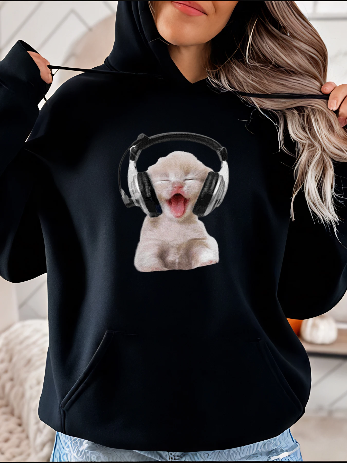 Niedliches Kätzchen mit Kopfhörern, bedruckter Kapuzenpullover für Damen, lässiges Sweatshirt, Herbst-Winter-Mode, Unisex-Pullover 280