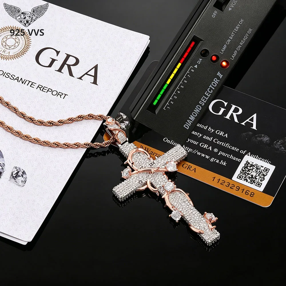 

80mm Iced out Thorn Cross VVS1 Moissanite Pendant Necklace S925 Silver Pendant For Women Pass Diamond Tester Hip Hop Jewelry