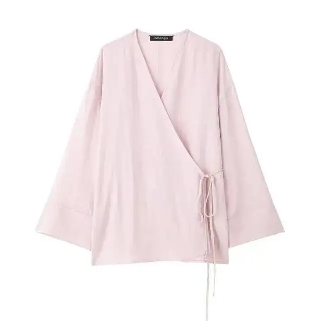 

Spring And Autumn Loose Shirts New Women's Textured Kimono Style V-Neck Tunic Multicolor Solid Color Simple Casual Jacket Coat
