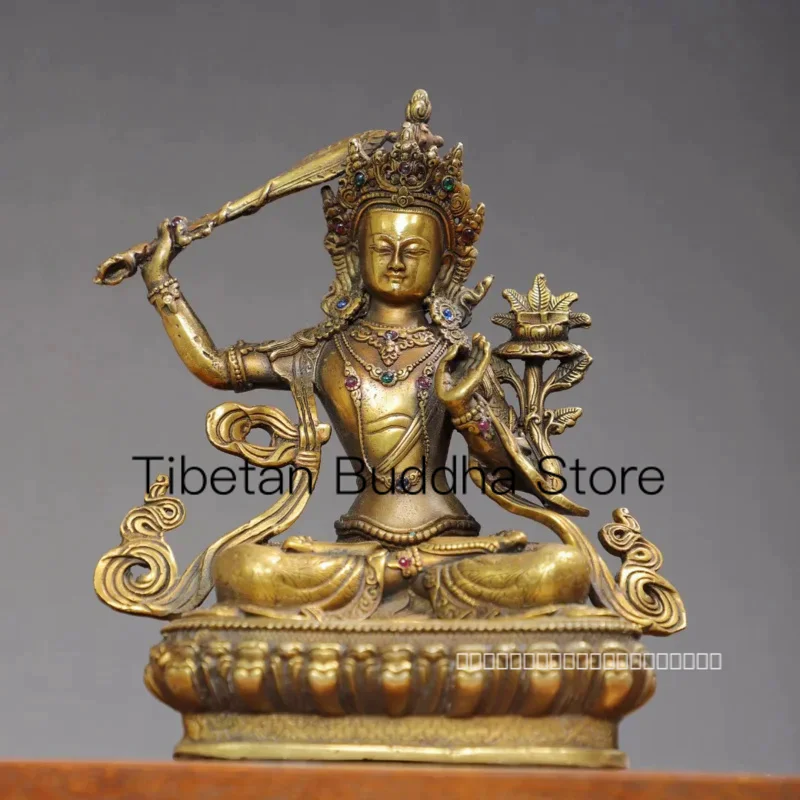 

20cm Tibetan gemstone inlaid with pure copper sword raised statue of Manjushri Guanyin Bodhisattva decoration