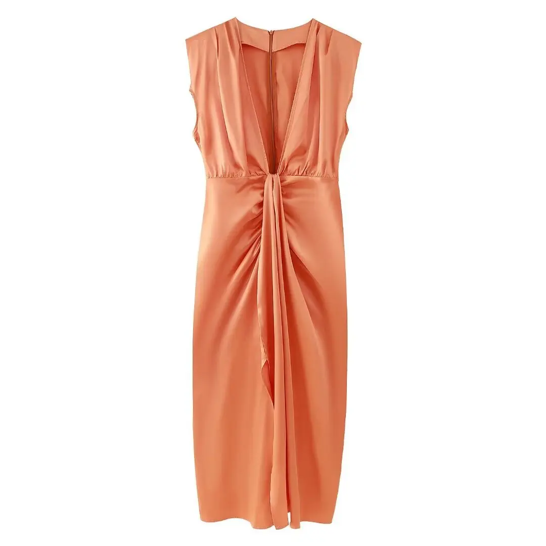 

Fashion Sleeveless Long Dresses Women Solid Color Sexy Deep V-neck Fold Package Hip Party Dress Temperament Lady Evening Vestido