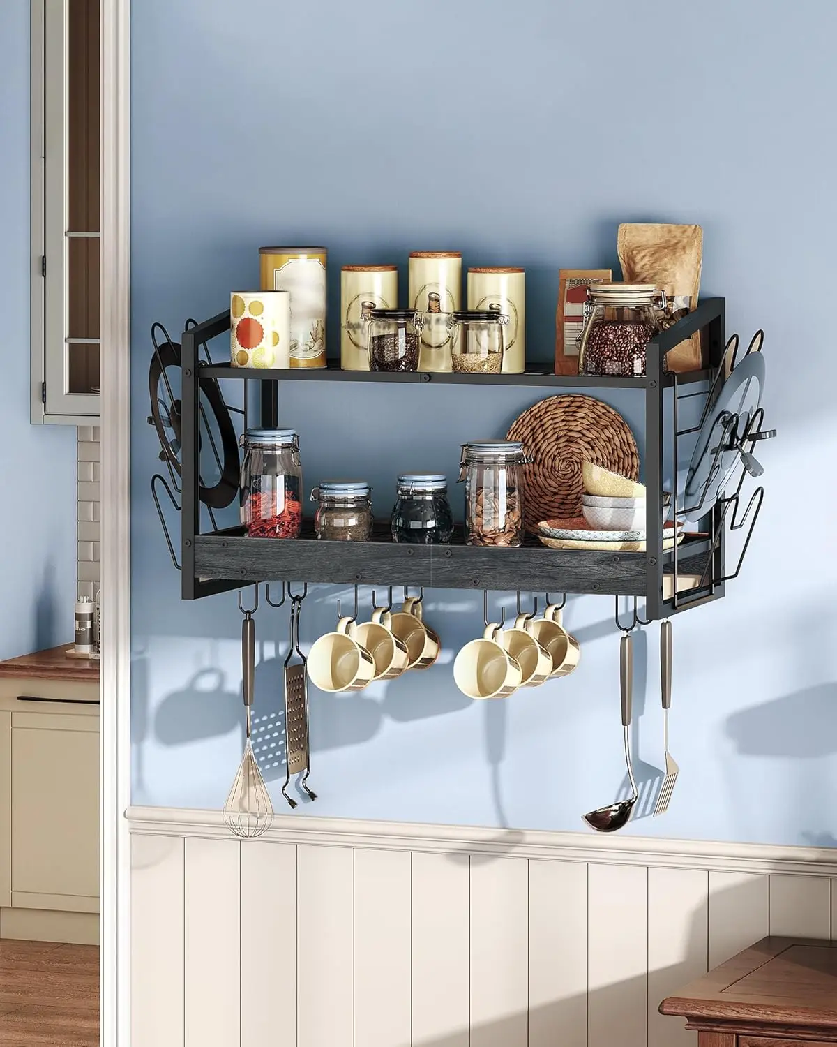 رف أوعية معلق، رف أوعية مثبت على الحائط، منظم وعاء المطبخ وغطاء من طبقتين، حامل أواني طهي مثبت على الحائط مع 12 خطافًا، لـ K