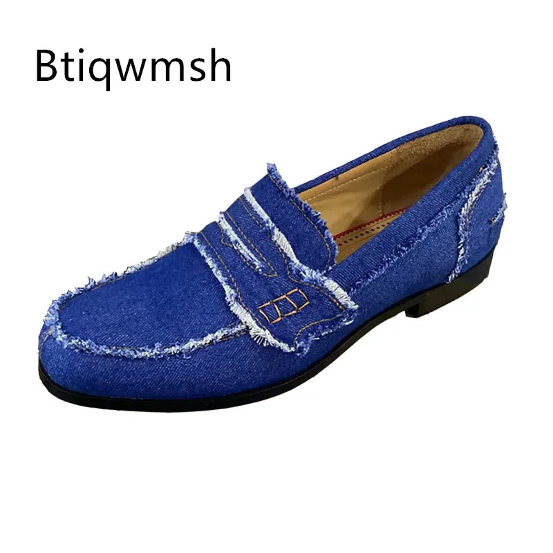 

Blue Denim Tassel Shoes Man Pointed Toe Slip On Hand-made Flats Male Fashion Party Shoes