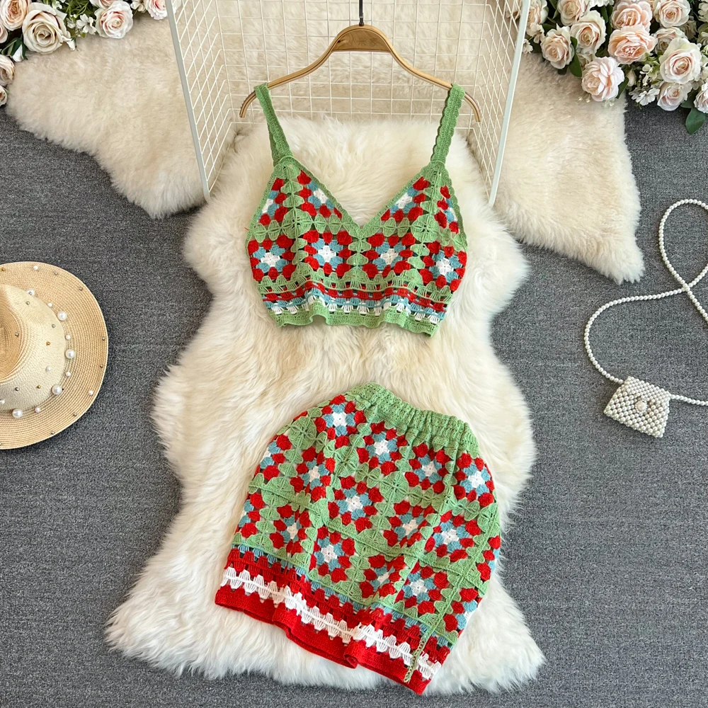 2023 New Summer Beach Vacation Women Skirt Suits Fashion Mixed Color Knitted Lace Sexy Camisole And Mini Skirt Two Piece Set