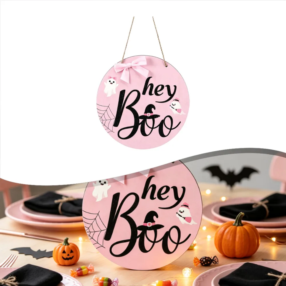 Circular Wooden Door Sign for Halloween Featuring Boo Text Spooky Party Decor Home Interior Exterior Natural Wood Material